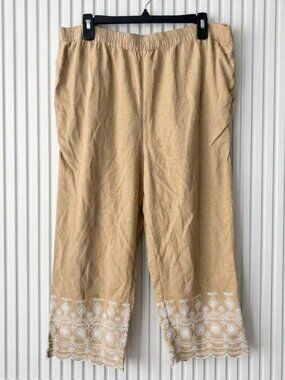 Linen Blend Pants XL Beige Eyelet Lace Cropped Wide Leg Lagenlook Cottagecore